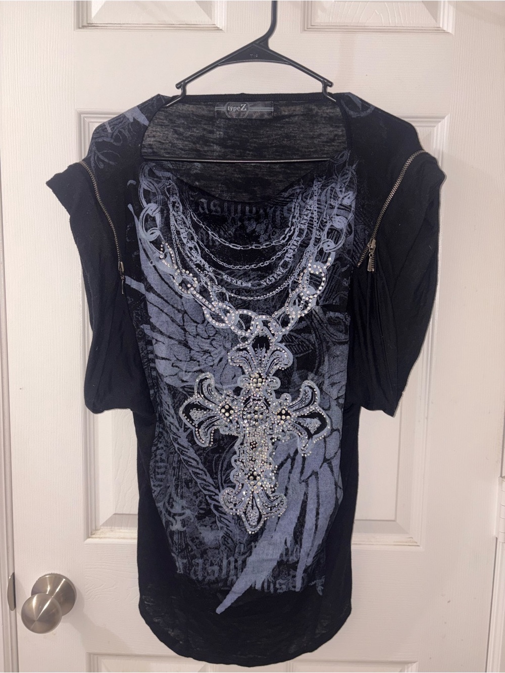 Type Z Black and Gray Embellished Cross Graphic Tunic